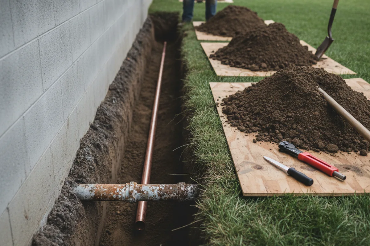 Excavated water line trench during Sewer Line Repair in Binghamton